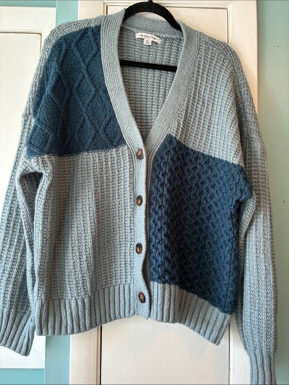Two-Tone Light Blue & Dark Blue Knit Cardigan Sweater